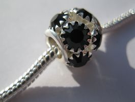 2 Grosslochperlen, Beads versilbert mit Strass schwarz