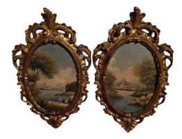 2 dipinti paesaggistici, stile classico, vedutismo fluviale