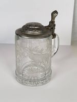 Antiker Glasbierkrug Hirschgravur Zinndeckel um 1900