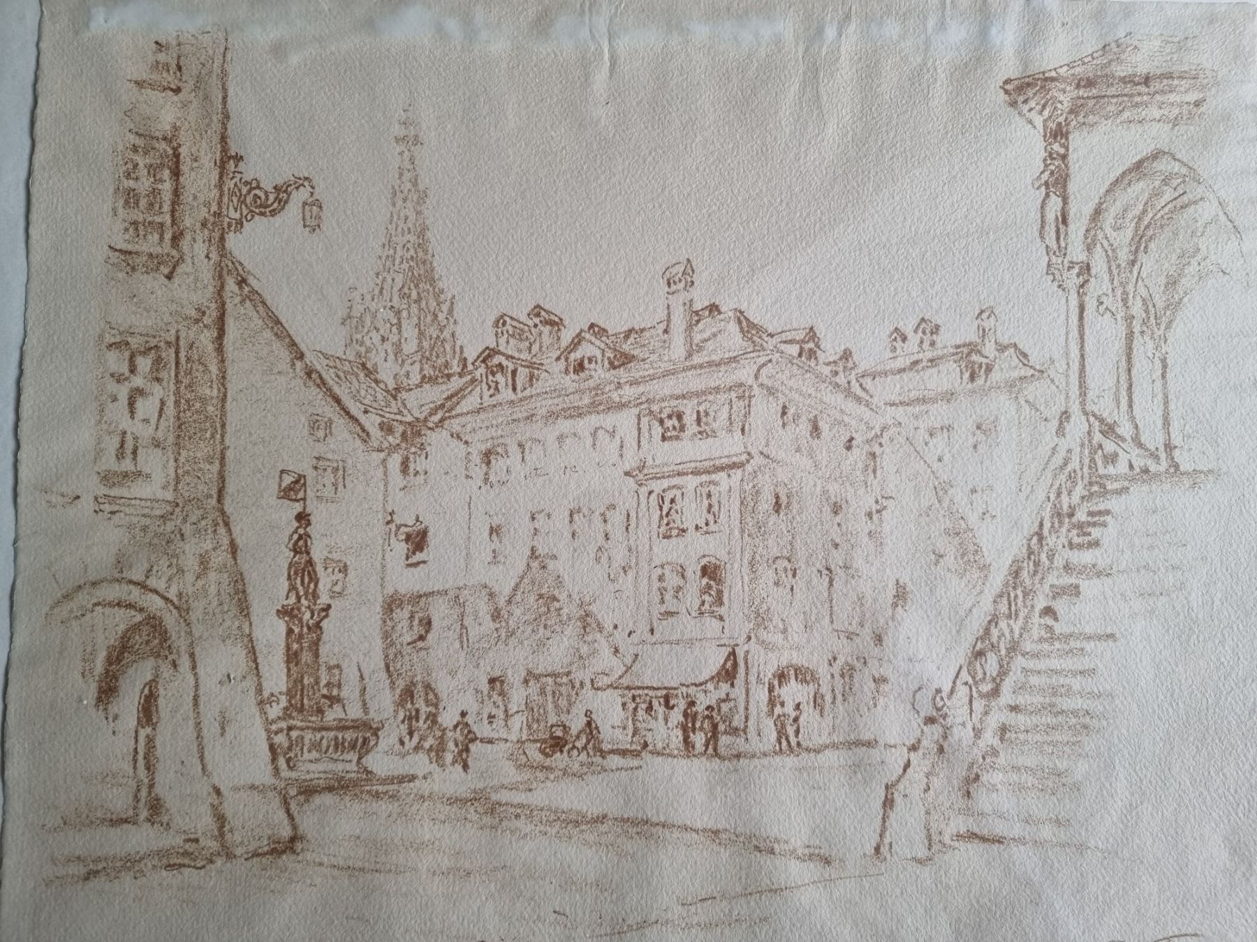 Grafica & Litografie: Adolf Tièche Lithographie Rathausplatz Bern mit Rahmen – Usato da Gersau venduto da grafik-kunst 2