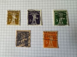 5 CH Dauermarken Tellknabe, 2-5 Rappen, 1907-1933 gestempelt