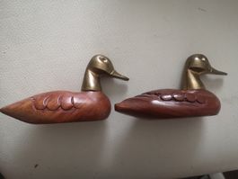 Dekorative Holz-Enten, 2 Stk., Vintage-Look, Messingköpfe