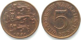 ESTONIA 5 Senti 1931 Bronze AU vz+