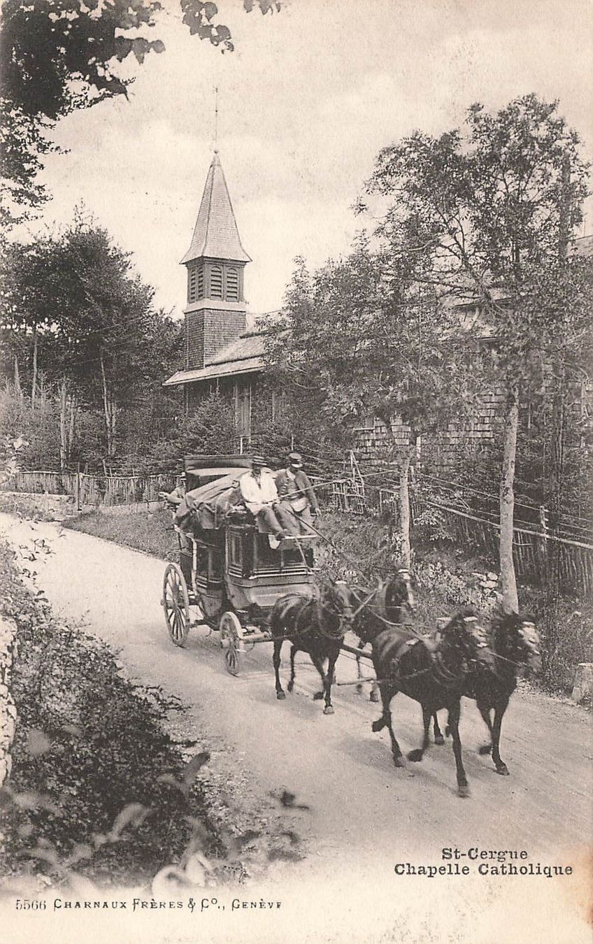 Cartoline postali: Saint Cergue VD Chapelle Catholique mit Postkutsche – Usato da Biasca venduto da Blenio71