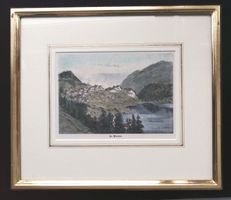 St. Moritz Holzstich von Weber Goldrahmen