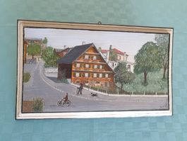 Appenzeller Dorfszene auf Holz sign. G. Wipf