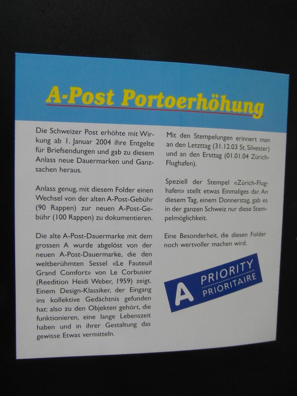 Tutti i francobolli: A Post Erhöhung 1.1.2004 + letzte 1Fr. A-Post Marke 4.3.2021 – Nuovo (secondo la descrizione) da Niederrohrdorf venduto da leni29 2