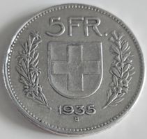 5 Franken 1935 Silber Schweizer Münze, Top Sammlerstück.