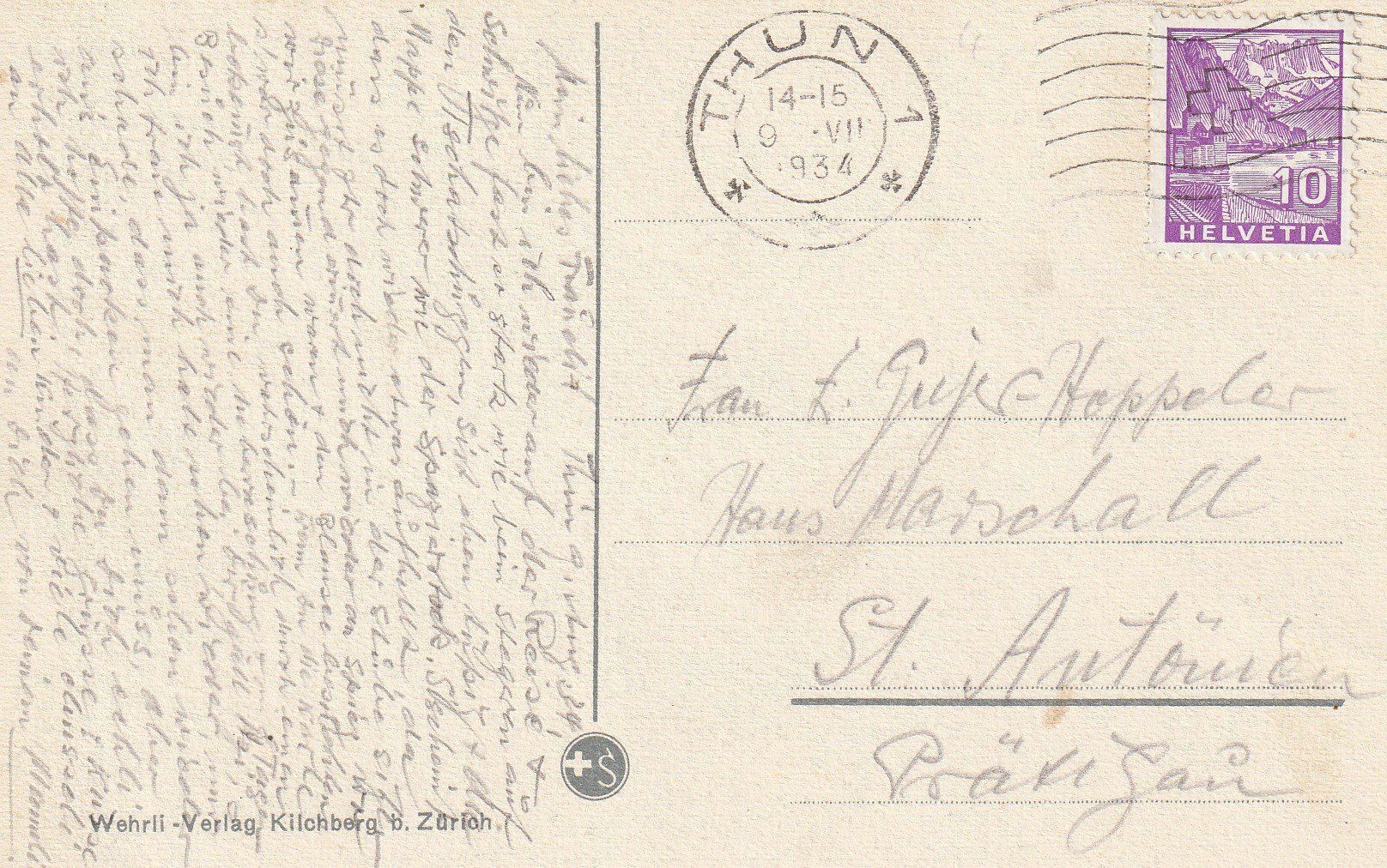 Ansichtskarten: AK Oberhofen - gel. 9.7.1934 – Gebraucht aus Fribourg von schnalla92 1