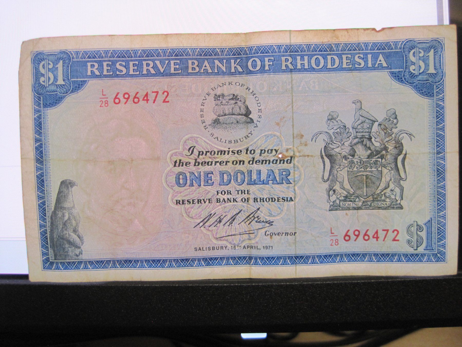 Billets de banque: 1 RHODESIAN DOLLAR BANKNOTE 1971 – D'occasion à Adliswil par Eusebiuss