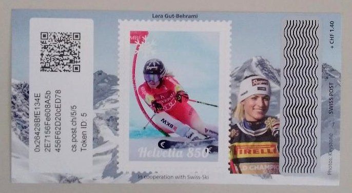 Tutti i francobolli: Swiss Crypto Stamp 5.0 ID 5 "Lara Gut-Behrami" mit NFT – Usato da Basel venduto da TokenID1