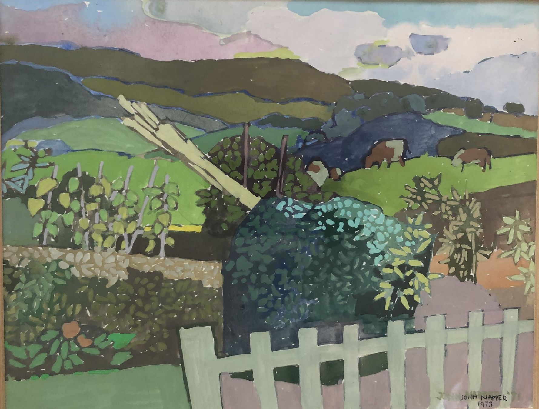 Dipinti: John Napper (1916-2001) - Gouache - "Landscape with cows" – Usato da Schaffhausen venduto da durruti 1