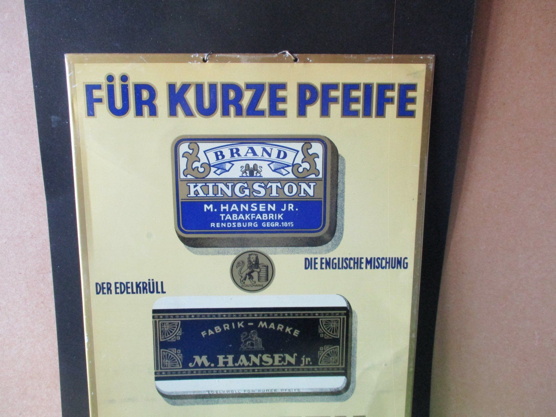 Insegne: Alte Kingston Tabak Werbung, M. Hansen  Blechschild ca.35x25 – Usato da Ottikon Gossau ZH venduto da hokuspokus 1