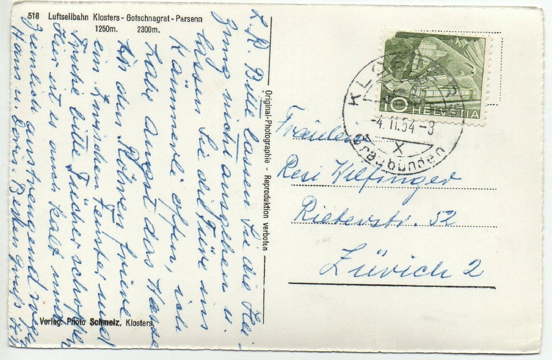 Cartoline postali: KLOSTERS Luftseilbahn Gotschnagrat – Usato da Jona venduto da philajona 1