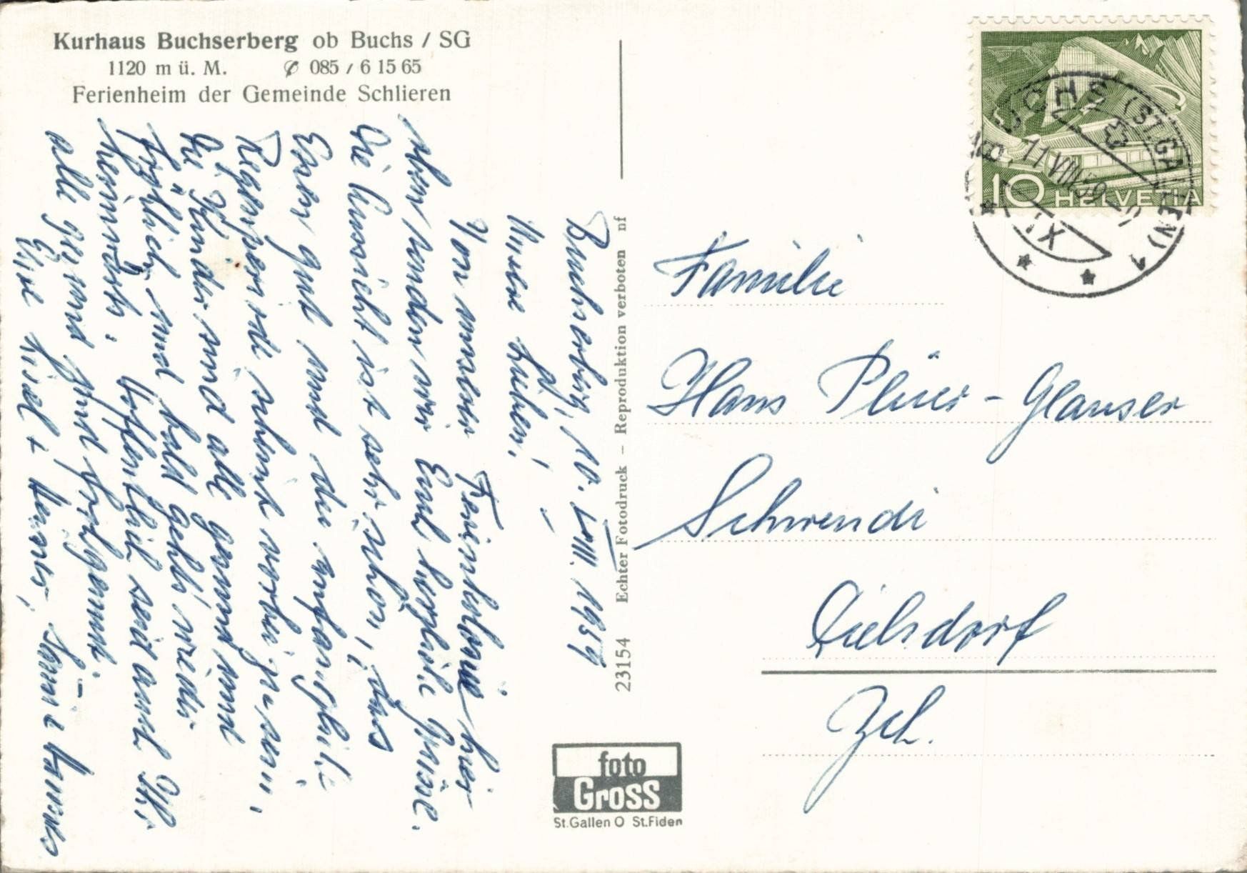 Cartoline postali: Alte Ansichtskarte Kurhaus Buchserberg ob Buchs/SG 1959 – Usato da Oberkirch LU venduto da sa_kr 1