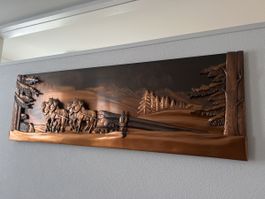 Kupfer Relief Bild Holzfäller Pferdegespann Winter (d)