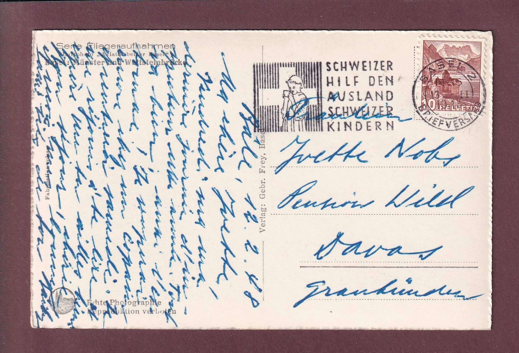 Cartoline postali: BASEL - Fliegeraufnahme - 1948 – Usato da Pully venduto da nicecards 1