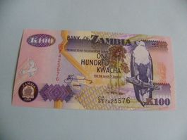 Original Sambia Banknote, 100 Kwacha, Jahr 2008, Neu