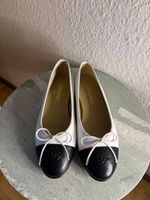 CHANEL Ballet Flats 38C White Black Cap Toe CC Logo Bow Leat
