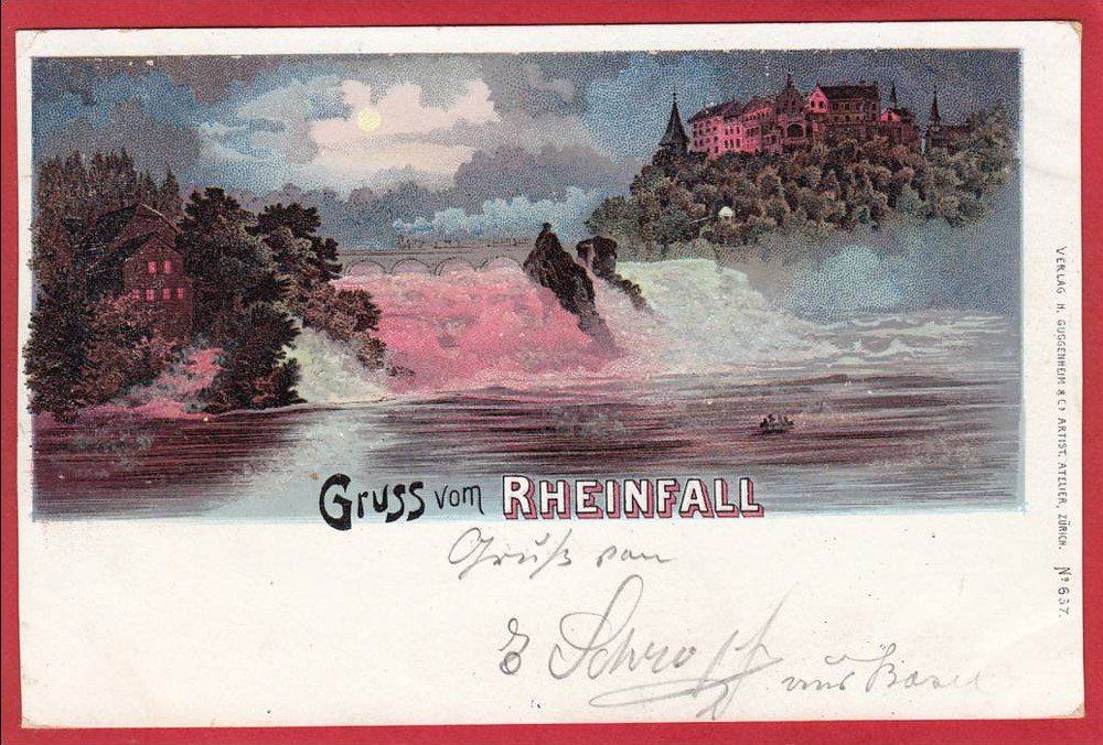 Cartoline postali: RHEINFALL, LITHO MIT GLITZERBELAG, 1899 – Usato da Grüningen venduto da Kartenlaube