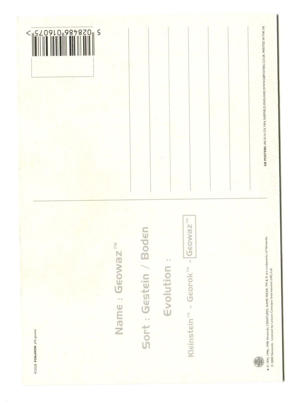 Pokémon Carte collezionabili: Pokémon Postkarte Geowaz Artwork – Usato da Dornach venduto da Deco89 1
