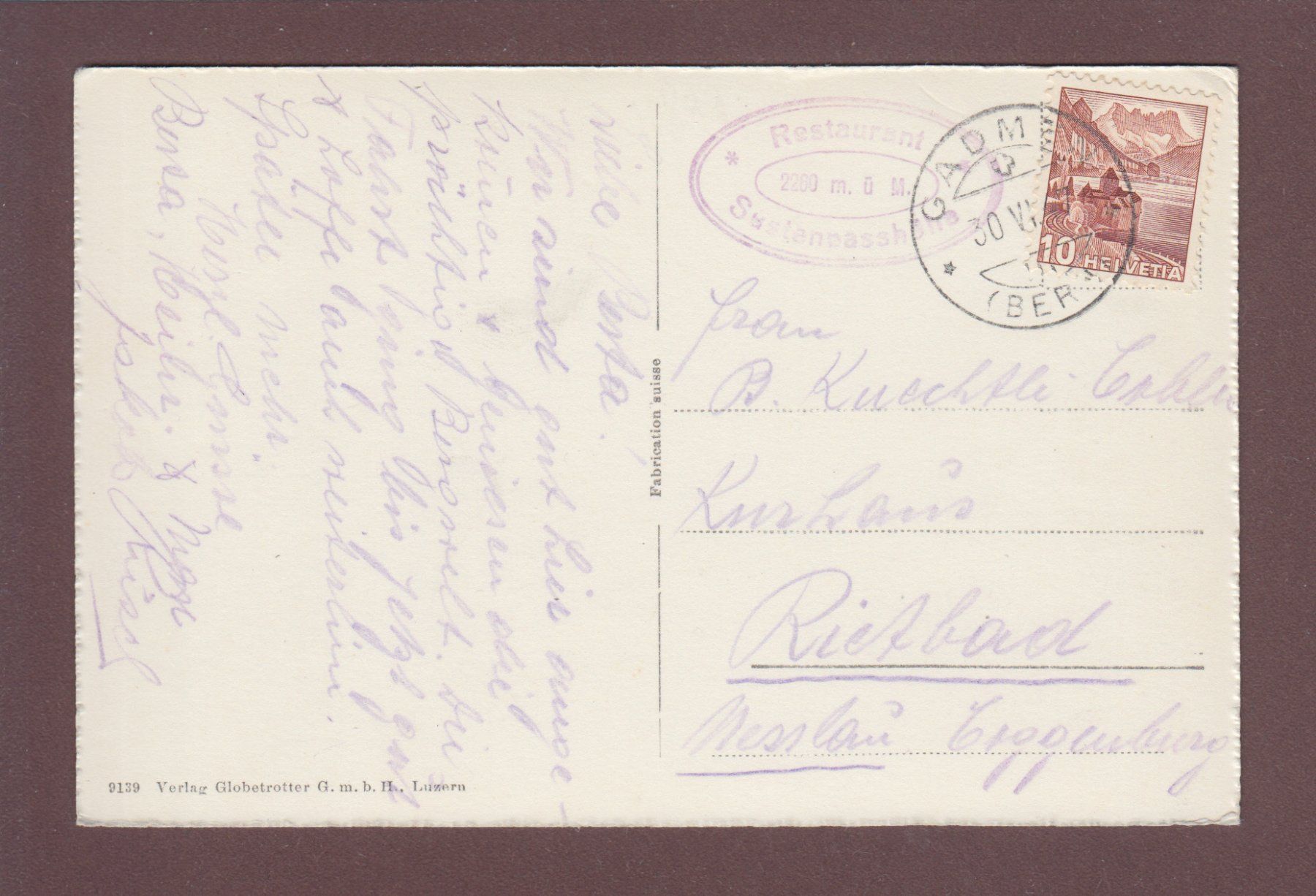 Cartoline postali: Neue SUSTENSTRASSE - Passhöhe - 1947 – Usato da Pully venduto da nicecards 1