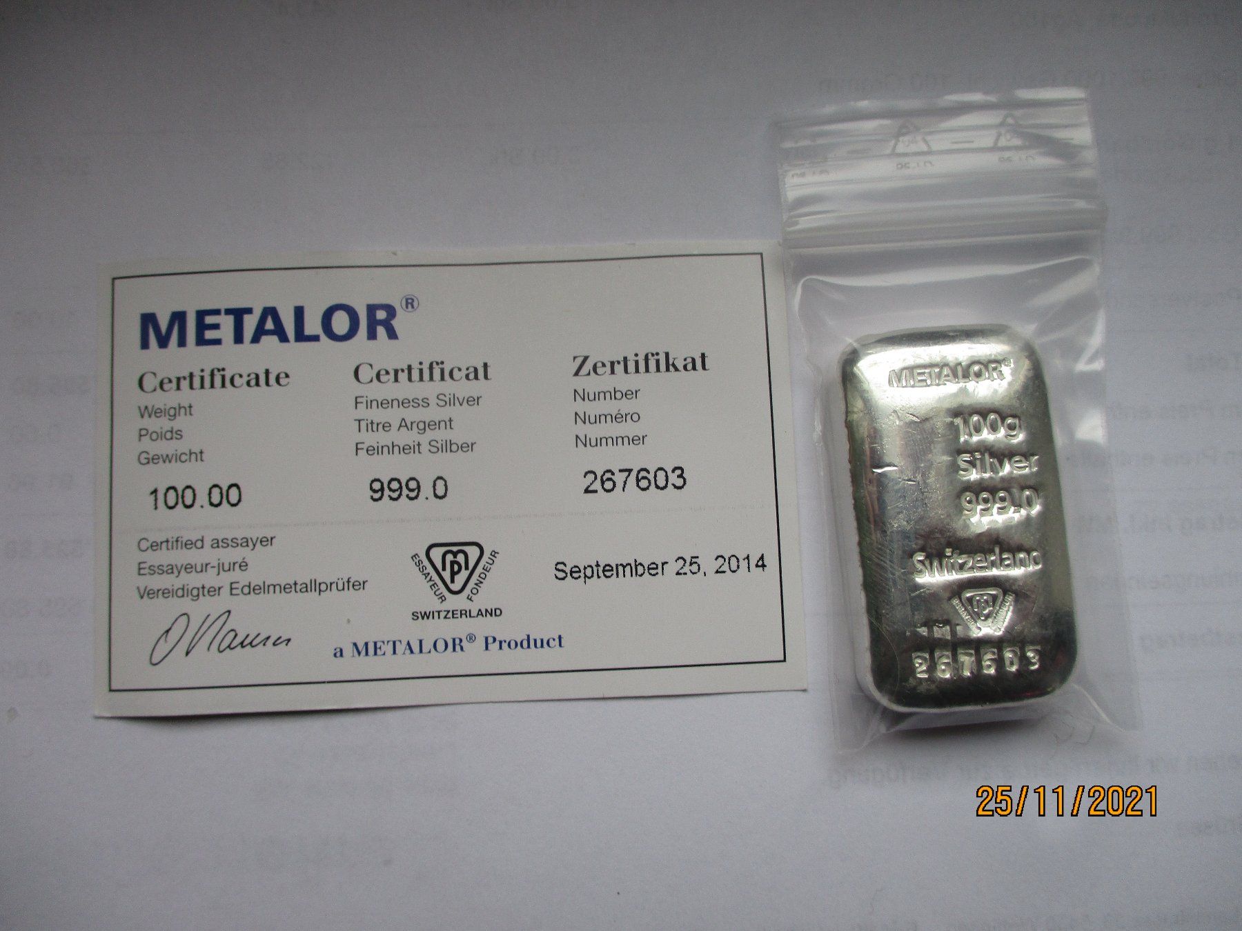Metalli preziosi: 100gr. Silberbarren Nr. 267603 – Nuovo e nell'imballaggio originale da Liestal venduto da Disc-Point