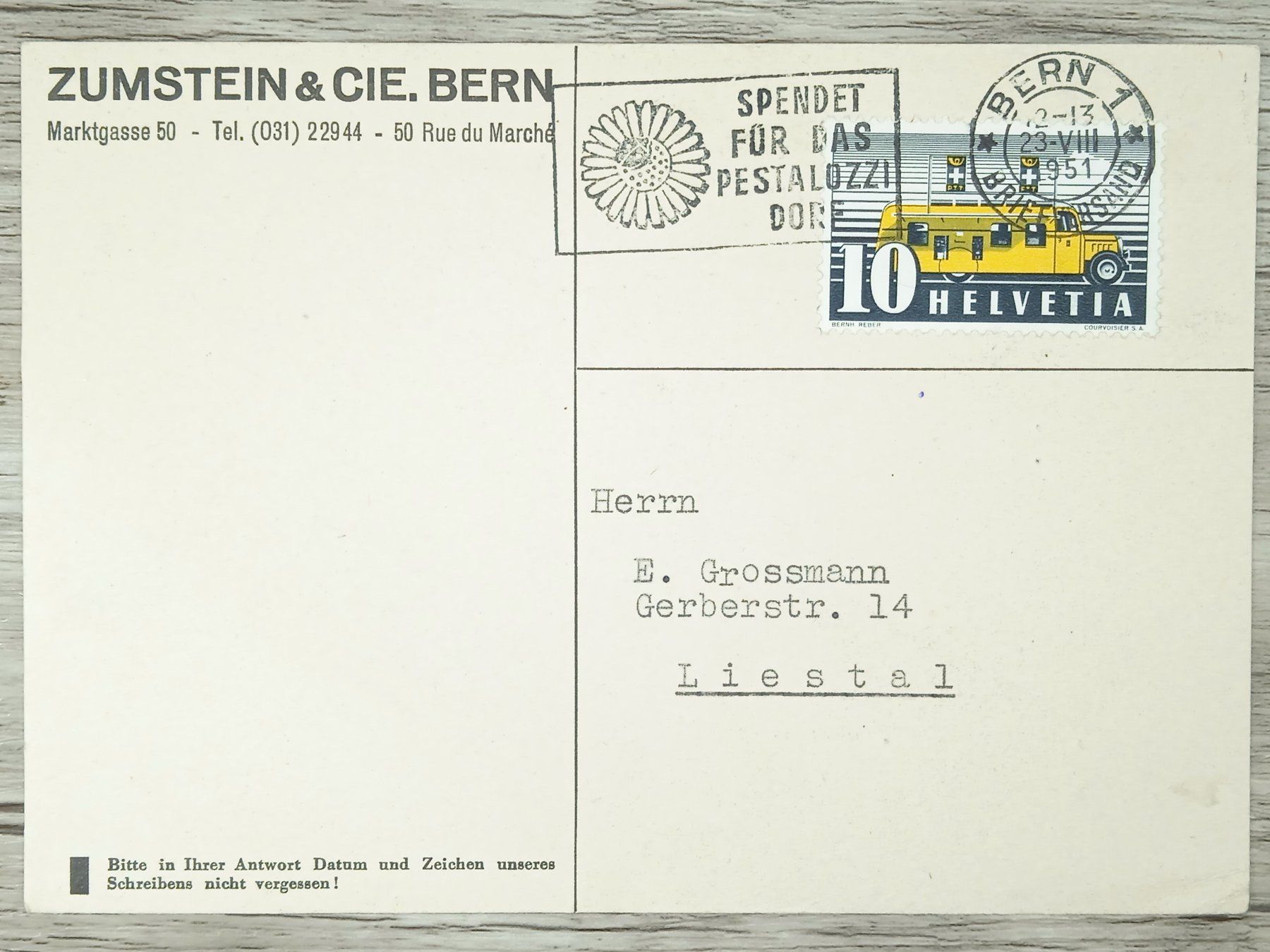 Alle Briefmarken: TR10 Carte Postale + Timbre Suisse 1951 – Gebraucht aus Cousset von Patrick_Collections