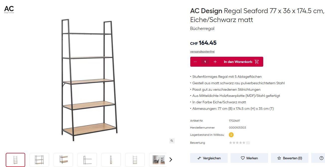 Scaffali: AC Design Regal Seaford 174.5x36x77 cm Eiche/Schwarz matt – Nuovo (secondo la descrizione) da Fischbach-Göslikon venduto da PitBullDoll 1