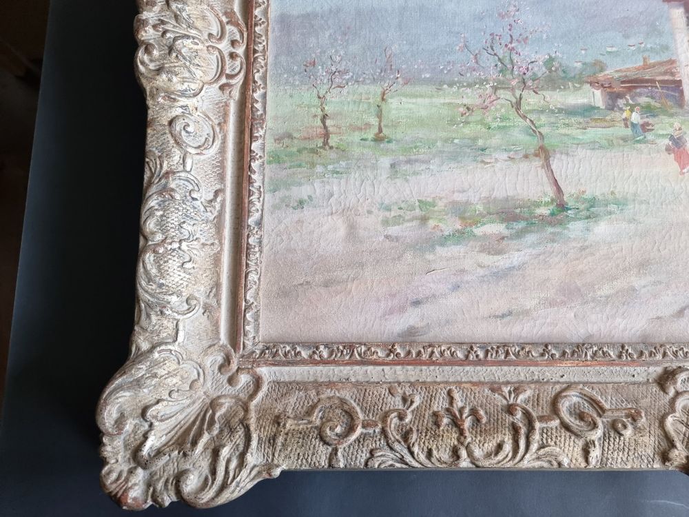 Frühling Szene, Bauernhof Grosses Gemälde, 0el unl. signiert 6