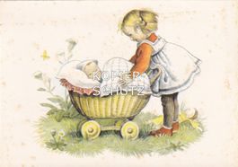 Mädchen und Bébé im Puppenwagen (Zeichnung v. H. Spörri) /aw