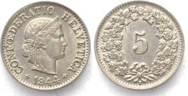 EIDGENOSSENSCHAFT 5 Rappen 1944 Ku-Ni ERHALTUNG! unz