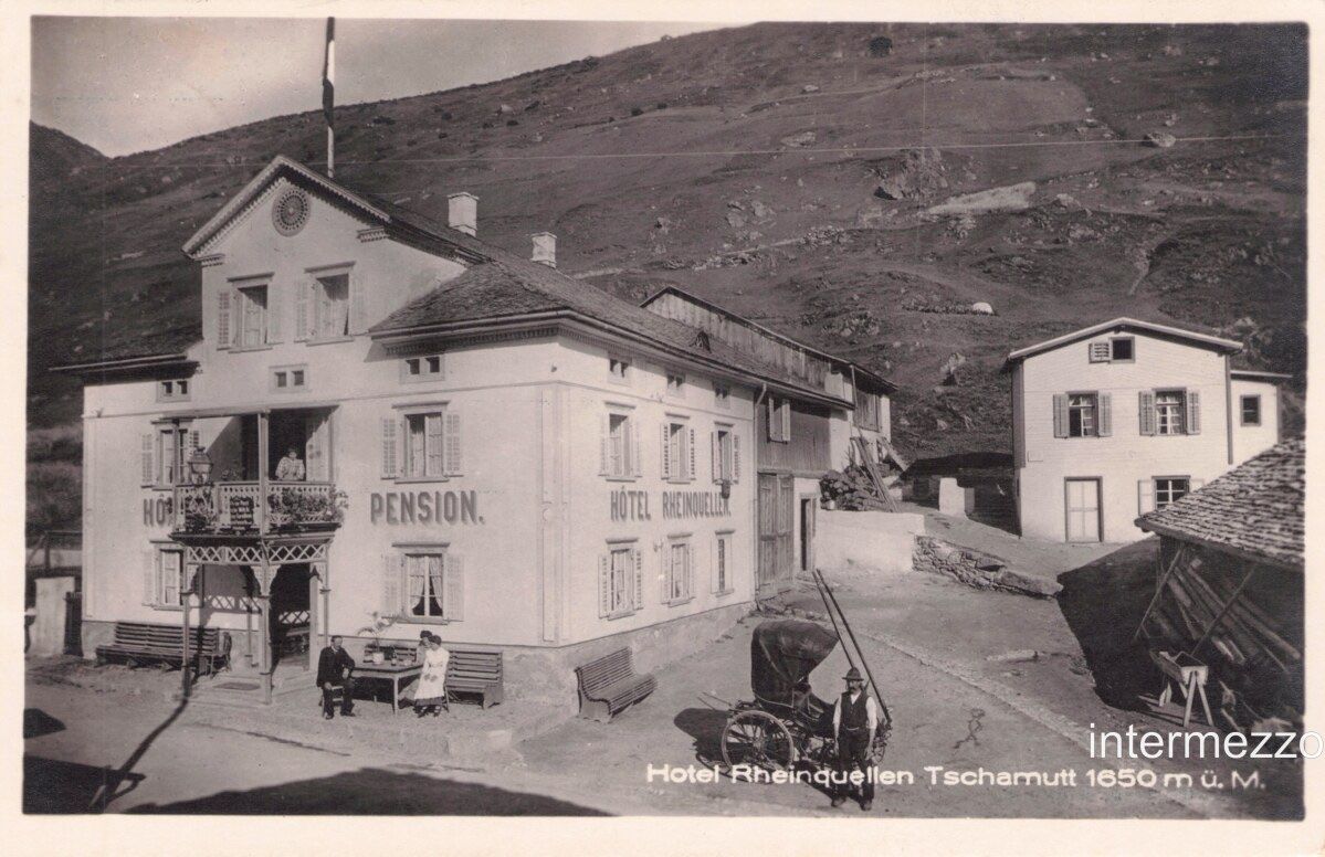 Ansichtskarten: Tschamutt GR // 1924 Hotel Rheinquellen Kutsche – Gebraucht aus Basel von intermezzo12