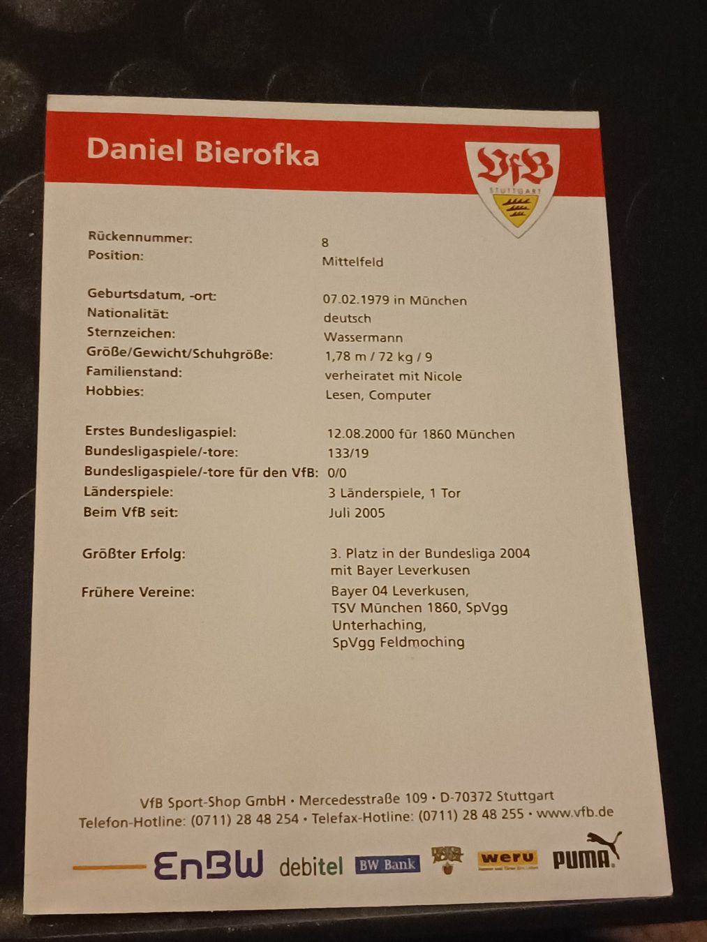 Autographes: Daniel Bierofka - VfB Stuttgart - Handsigniert – D'occasion à Menziken par Artographs 1