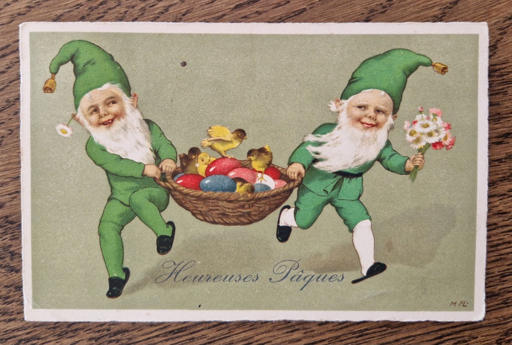 Ansichtskarten: Heureuses Paques, zwei Zwerge mit Eierkorb 1925 – Gebraucht aus Ebikon von Donar50