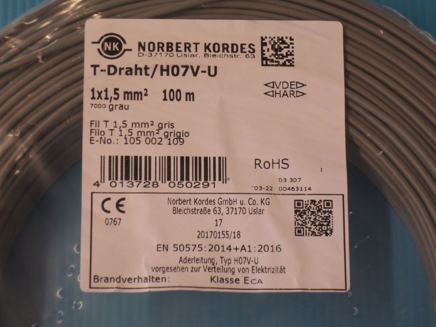 Kabel: 100m T-Draht 1.5mm2 grau Installationsdraht H07V-U – Neu und originalverpackt aus Sulz LU von Elektrofachverkauf 1