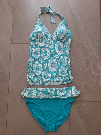 Badeanzug Tankini Türkis Weiss Blumenmuster, Grösse M