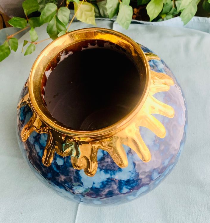 Vase ELYA In Rauchblau & Gold – 28 Cm Hoch, Ø 10 Cm, Aus Eisen, Zweifarbig, Große Deko-Vase Für Blumen