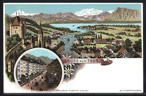 Cartes postales: Litho Thun, Teilansicht mit Fluss, Stras – D'occasion à Berlin par bartko-reher