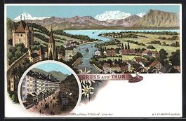 Litho Thun, Teilansicht mit Fluss, Stras