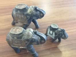 Oriental Elefanten 3er Set Holz geschnitzt verziert Elefant