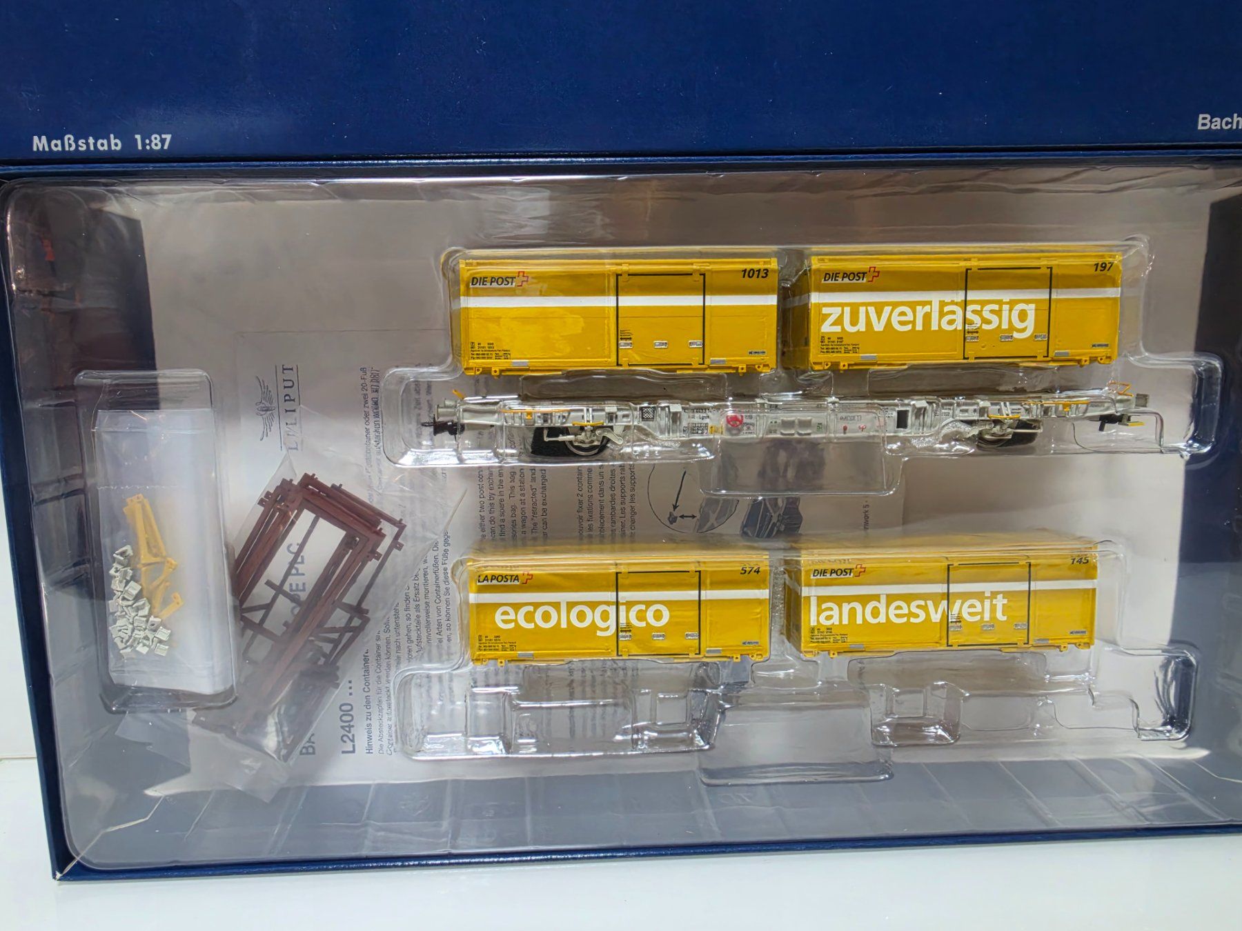 Liliput Modellini di ferrovie: Liliput Containerwagen Schweizer Post Set 6 L240040 – Nuovo e nell'imballaggio originale da Neuenhof venduto da ludovicco 1