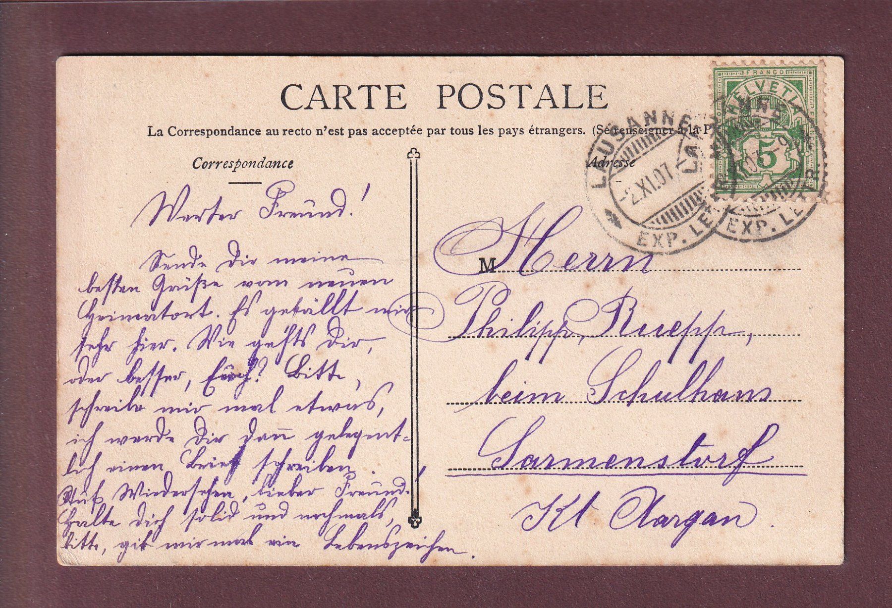Cartoline postali: LAUSANNE - Wagons au Flon - 1907 – Usato da Pully venduto da nicecards 1