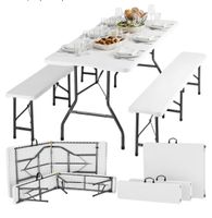 Ensemble Table de Camping et 2 Bancs, Blanc Pliable