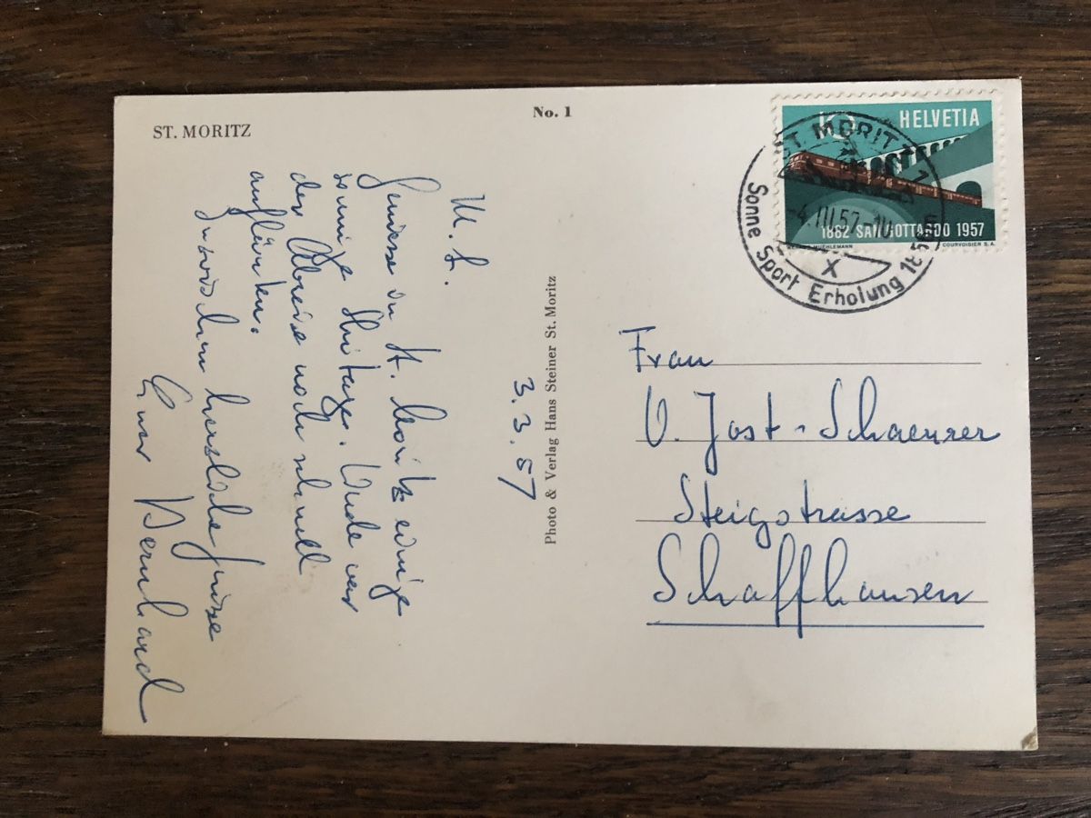Cartoline postali: Schöne Ansichtskarte ST. MORITZ mit Werbestempel 1957 – Usato da Lufingen venduto da Rac0 1