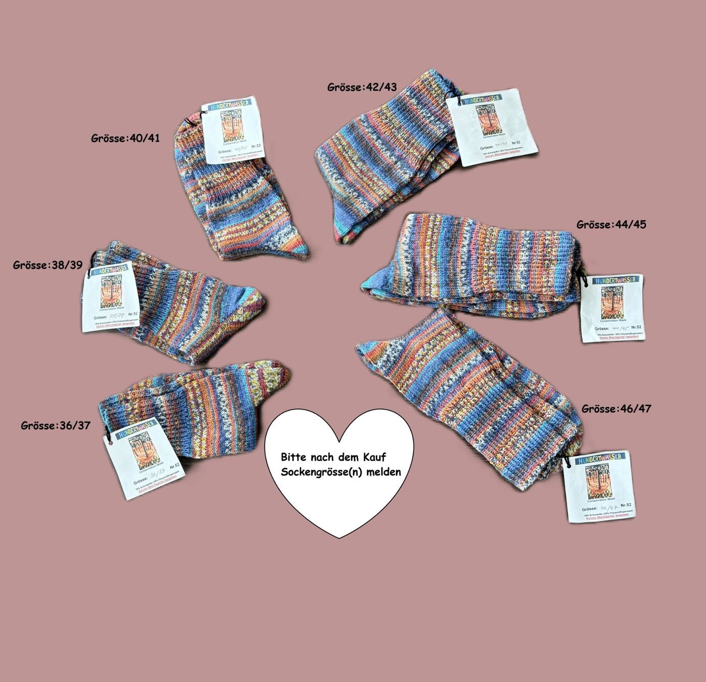 Calze: Handgestrickte "Hundertwasser" Socken verschiedene Grössen – Nuovo e nell'imballaggio originale da Täuffelen venduto da sohalt