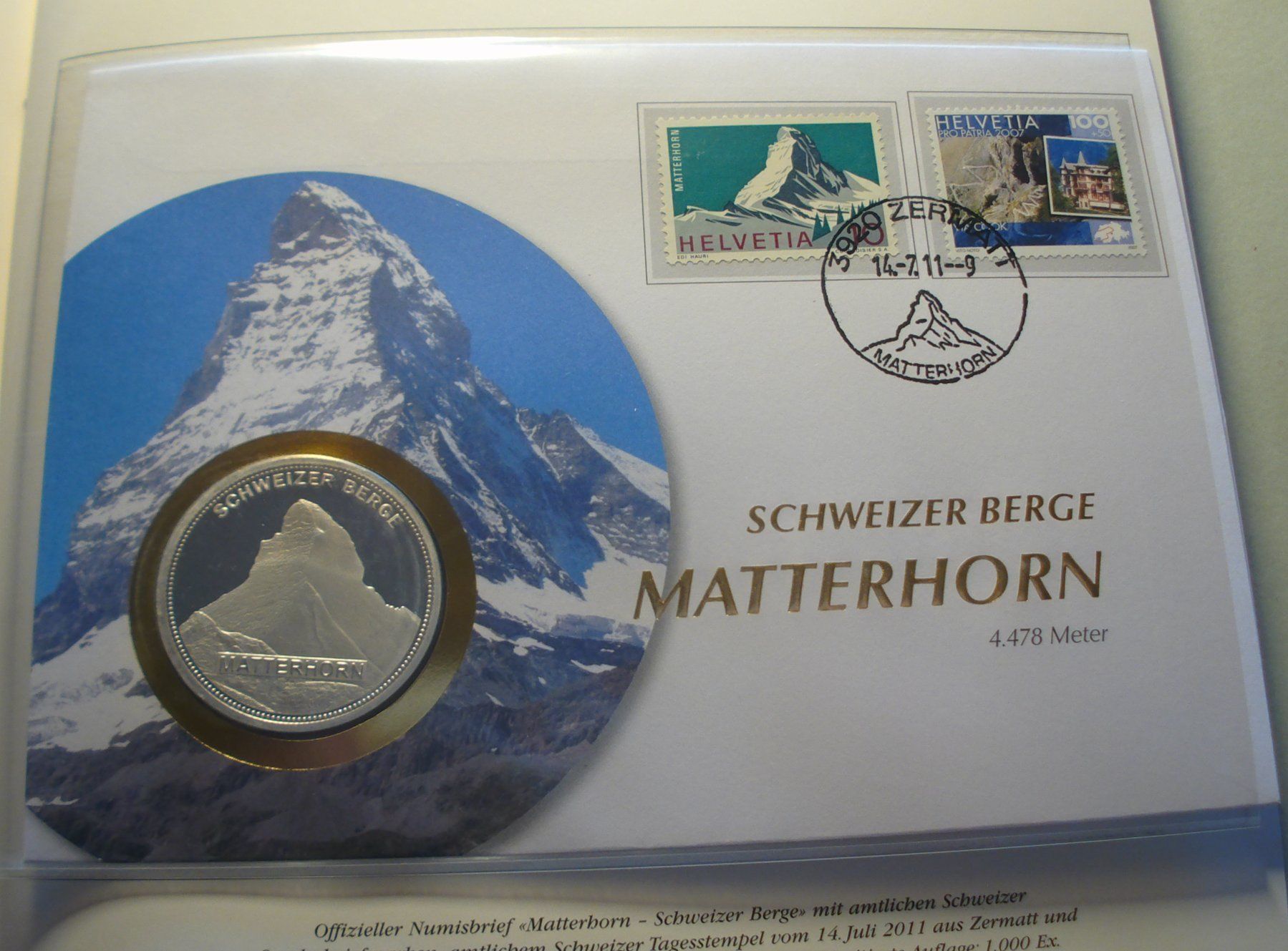 Alle Briefmarken: Medaillenbrief Matterhorn, 2011, versilbert – Gebraucht aus Niederwil AG von morostahu