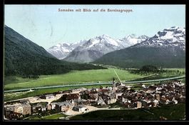 AK Samaden, Blick über den Ort auf die Berninagruppe