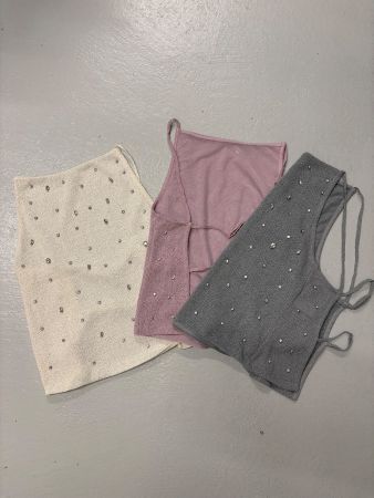 3 Zara Stricktop rückenfrei Strass weiss rosa grau Top M
