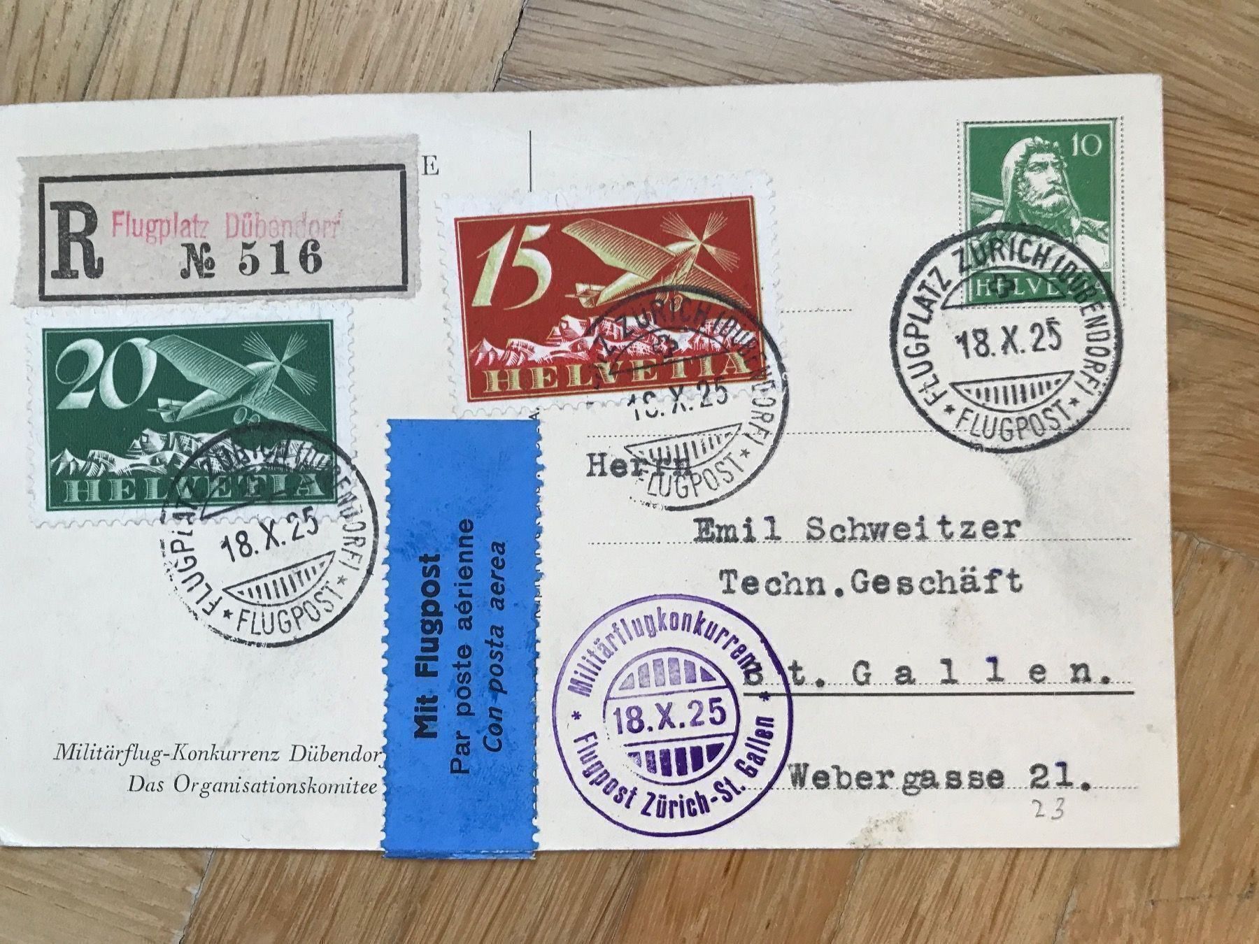 Alle Briefmarken: 1925 Flugpost. Postkarte mit F3 + F4 – Gebraucht aus stäfa von brandy66